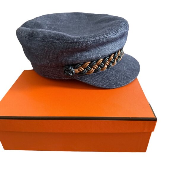 Hermes Newsboy Denim Cap Giulietta NWT Leather Braid Casquette Indigo 58 main image 7